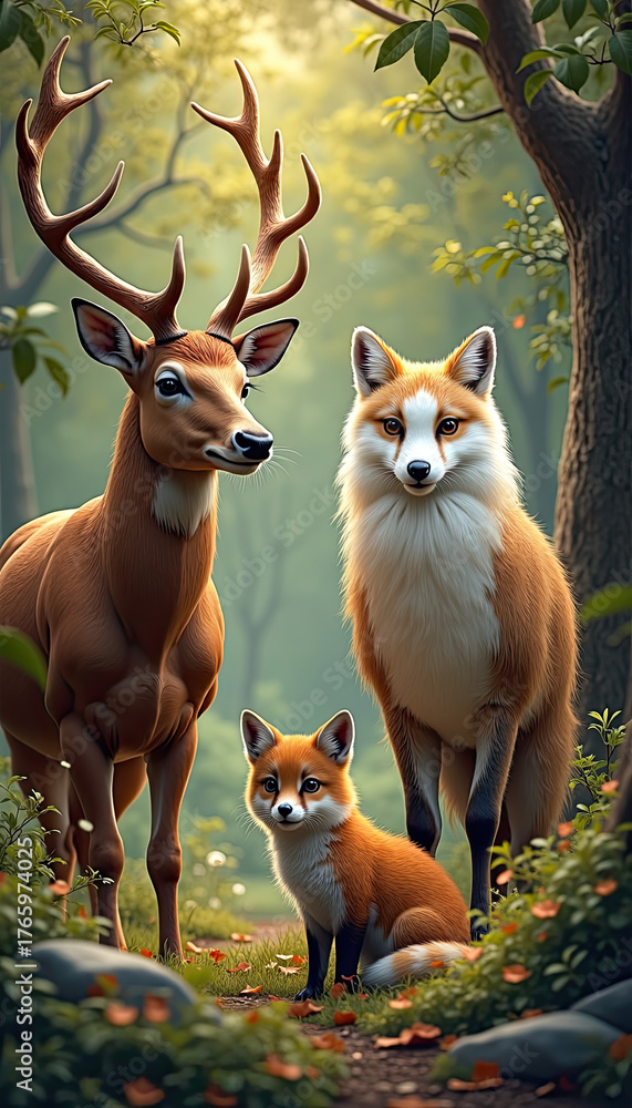 Fototapeta premium A majestic deer stands proudly in a sunlit forest, alongside an adult fox and a small fox kit sitting on the path.