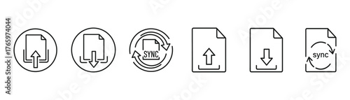 Vector art of file upload and download icons representing data transfer, synchronization, and document management in digital systems on transparent background