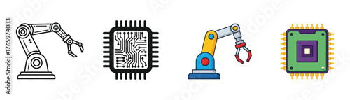 Vector art of robotic arm and microchip icons a vector illustration showcasing automation, technology, and the future of manufacturing on transparent background