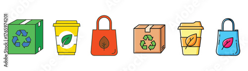 Vector art of collection of ecofriendly packaging and containers, showcasing sustainable alternatives for food, beverages, and shopping with recycling symbols on transparent background