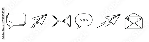 Vector art of a collection of communication icons, including speech bubbles, paper airplanes, and envelopes, symbolizing messaging and correspondence on transparent background