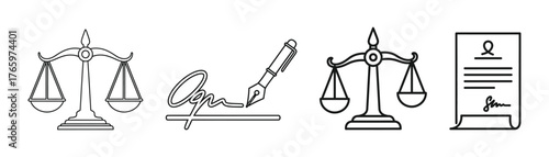 Vector art of legal icons, featuring scales of justice, a signature with a pen, and a document, representing law, agreement, and legal process on transparent background