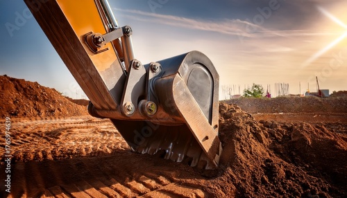 close up of the front end bucket of an excavator working on a construction site with earthworks and soil moving in the background