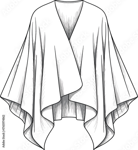 Draped Poncho Fashion Flat Sketch, Stylish Outerwear Template for Women, Loose Cape Garment Design, Technical Vector CAD Drawing