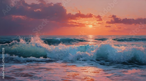 Fototapeta Naklejka Na Ścianę i Meble -  Stunning ocean wave crashes under a vibrant sunset sky, painting the water in warm, captivating hues