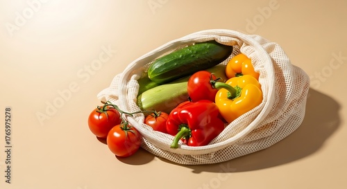 Fresh vegetables in a reusable produce bag with natural light
