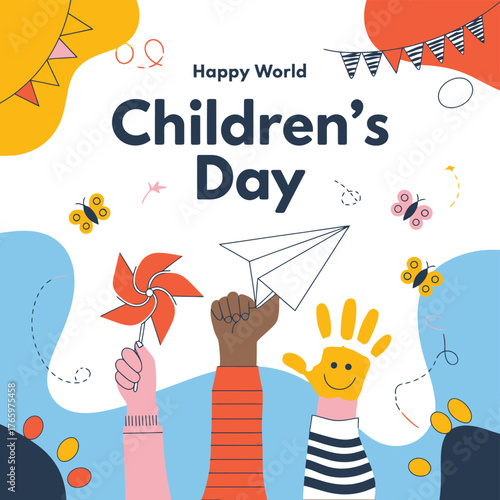 Vector art of happy world childrens day celebration with diverse hands holding toys like pinwheel, paper airplane, and showing smiley face on palm
