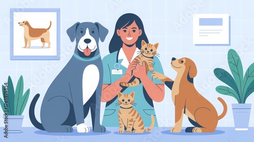 Friendly vet in teal uniform with pets in clean veterinary office. Editorial image for animal health, pet services or veterinary branding.