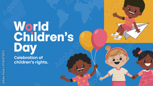 Vector art of world childrens day illustration featuring diverse children celebrating their rights, with balloons and paper airplanes against a vibrant background