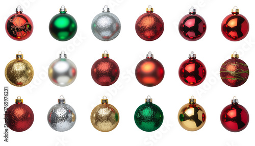 Assorted christmas ornaments in red, green, silver, and gold colors arranged in rows on a white background