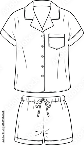 Casual summer pajama set, button-up shirt with collar and drawstring shorts, flat sketch for fashion design, CAD illustration