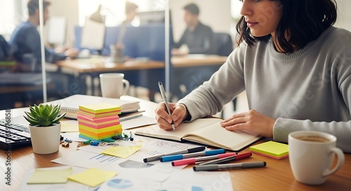 Young woman working in a modern office, taking notes in her notebook with coworkers in the background, surrounded by colorful sticky notes, pens, and a cup of coffee on the desk