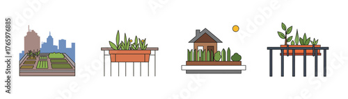 Illustration of rooftop gardens, showcasing sustainable urban living, environmental awareness, and green space in the city on transparent background