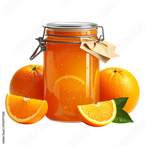 Classic homemade orange marmalade in rustic jar surrounded by fresh oranges under warm natural lighting