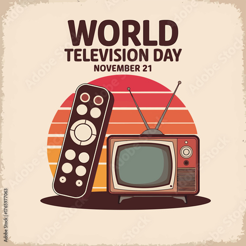 Vector art of stylized illustration of a vintage television and remote control with a sunset graphic, celebrating world television day on november 21