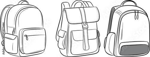 Collection of three backpack technical drawings with zippers, straps, and pockets in cad drawing flat vector illustration, line art style
