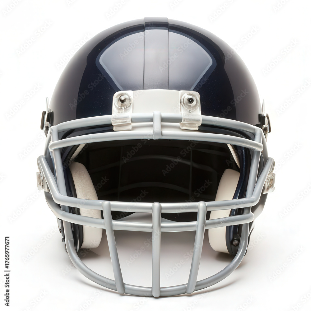 Fototapeta premium Football helmet icon with face guard, navy blue and silver, protective sports gear, isolated on white background