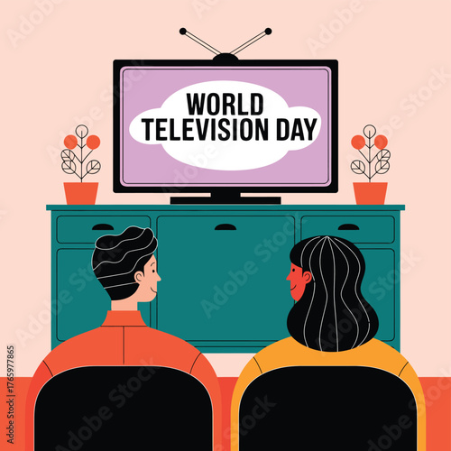 Vector art of two people watch television together on world television day, celebrating the power of broadcast media and shared viewing experiences
