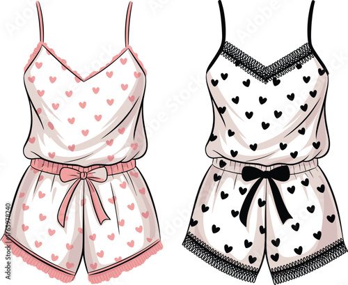 Cute heart print sleepwear set, women's nightwear romper, fashion lingerie illustration, flat design vector, stylish pajama suit drawing