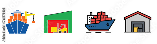 Vector art of global trade and logistics icons, depicting cargo ships, warehouses, and forklifts, representing international commerce and supply chain on transparent background
