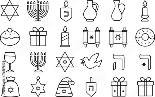 Hanukkah line icon set isolated on white background collection of traditional jewish holiday symbols such as menorah, star of david, dreidel, gift and donut