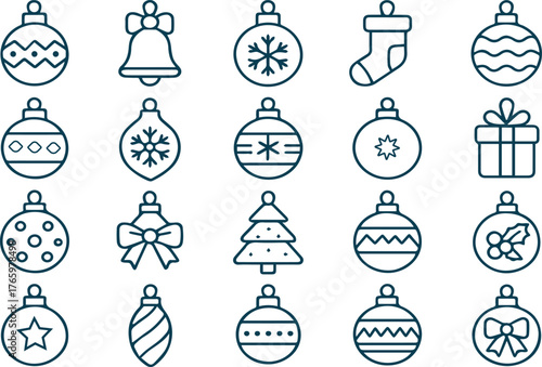 Set of christmas ornament icons isolated on white background includes various designs such as baubles, bells, stockings, gifts, and christmas tree