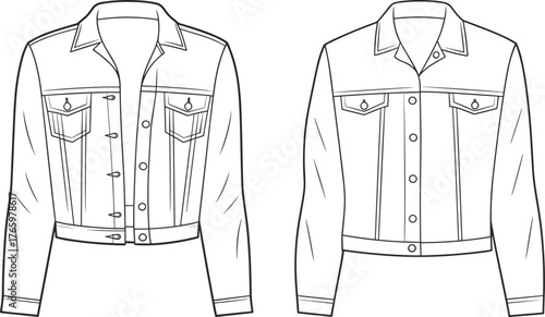 Denim jacket flat sketch front view, fashion technical drawing, women’s outerwear clothing design for garment, fashion, sewing, apparel template