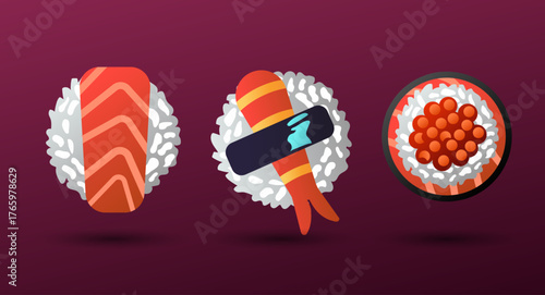 Modern 3D-style vector artwork showing three types of sushi – salmon nigiri, shrimp sushi with seaweed, and caviar roll – displayed on a clean gradient purple background. Great for branding, posters, 