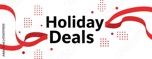 Holiday deals message isolated on white background with red ribbons and decorative dots