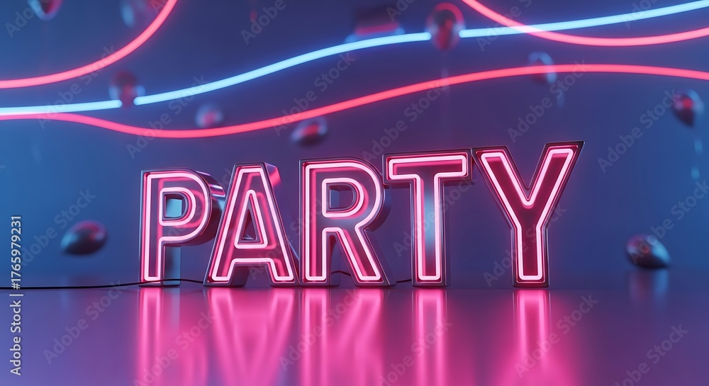 Naklejka premium A vibrant and eyecatching 3d render featuring the word party in glowing pink neon letters, set against a backdrop of floating balloons and dynamic neon lines