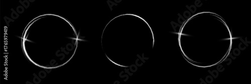 Set of circle light star frames on dark background. Light line motion. White round. Luminous effect. Vector