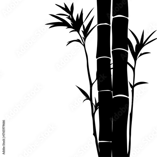 Minimalist graphic featuring the stark black silhouette of clustered bamboo culms and delicate leaves. Perfect for designs that require a bold yet elegant Asian, Zen or nature decorative element.
