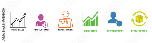 Vector art of illustrations depicting business growth, customer acquisition, and repeat orders, representing sales and marketing strategies on transparent background