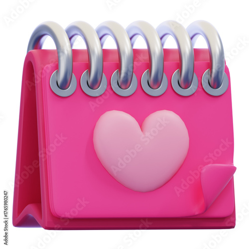 Vibrant 3D rendered pink desk calendar adorned with a charming heart symbol, perfect for marking special romantic dates, love anniversaries, or important event reminders with a sweet and lovely touch