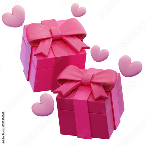 Beautiful 3D render of two pink gift boxes, elegantly tied with bows, surrounded by whimsical floating hearts, perfect for conveying love, generosity, and celebration
