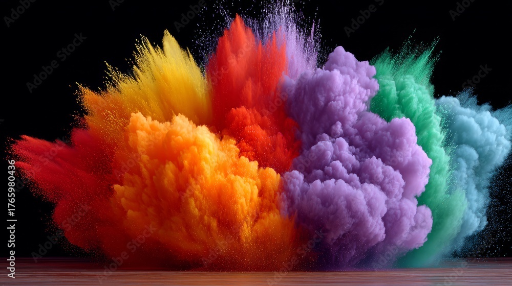 Fototapeta premium Colorful explosion of smoke and fire. The colors are vibrant and bright, creating a sense of energy and excitement. The smoke and fire seem to be dancing and swirling in the air, creating a dynamic