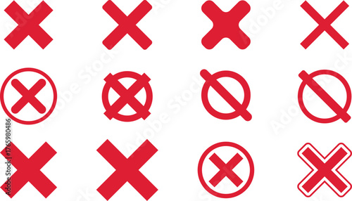 Red cross icon set with not verified symbols, minimal geometric vector collection representing rejection, error, and invalid status, clean sharp silhouette icons on white background