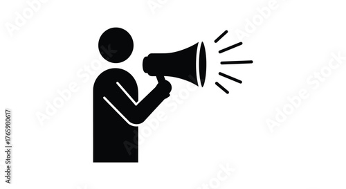 Simple black silhouette of a person speaking into a megaphone icon