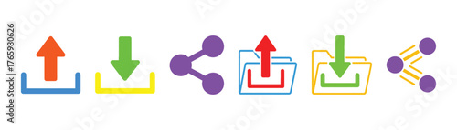 Vector art of colorful icons of upload, download, share, folder upload, folder download, and network, symbolizing data transfer and sharing on transparent background