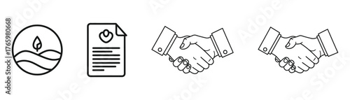 Vector art of monochrome icons of water drop, document, and handshake, representing sustainability, agreement, and partnership on transparent background