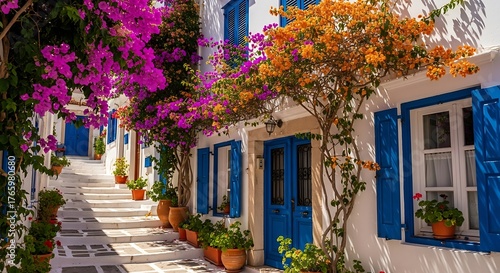 Fototapeta Naklejka Na Ścianę i Meble -  Colorful Bougainvillea with Greek Island Street.
