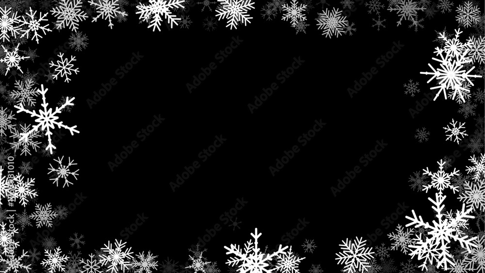 Fototapeta premium Christmas background with falling snowflakes. Winter holiday background or frame with pattern of holiday snow.