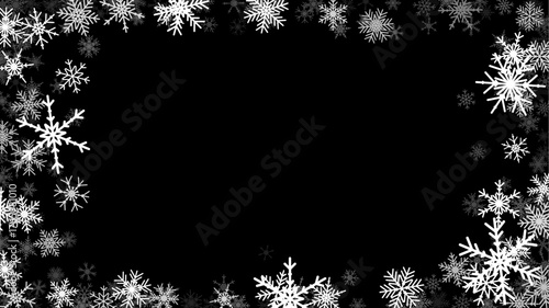 Christmas background with falling snowflakes. Winter holiday background or frame with pattern of holiday snow.