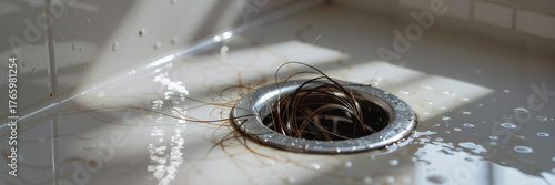 Clogged hair in bathtub drain with water pooling around it  