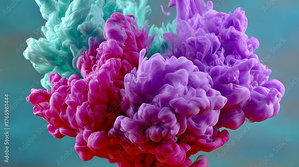 Obraz premium Colorful cloud of smoke with purple, green, and blue colors. The smoke is very thick and dense, and it looks like it's coming from a fire