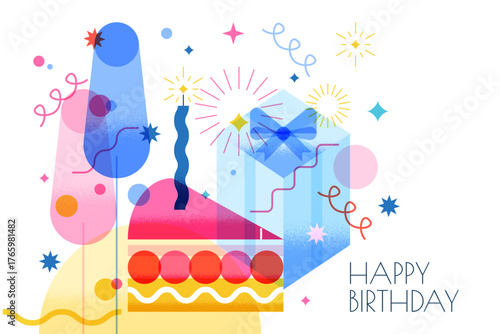 Top view vector geometric illustration of cake with candle, gift box, champagne. Design elements for birthday card