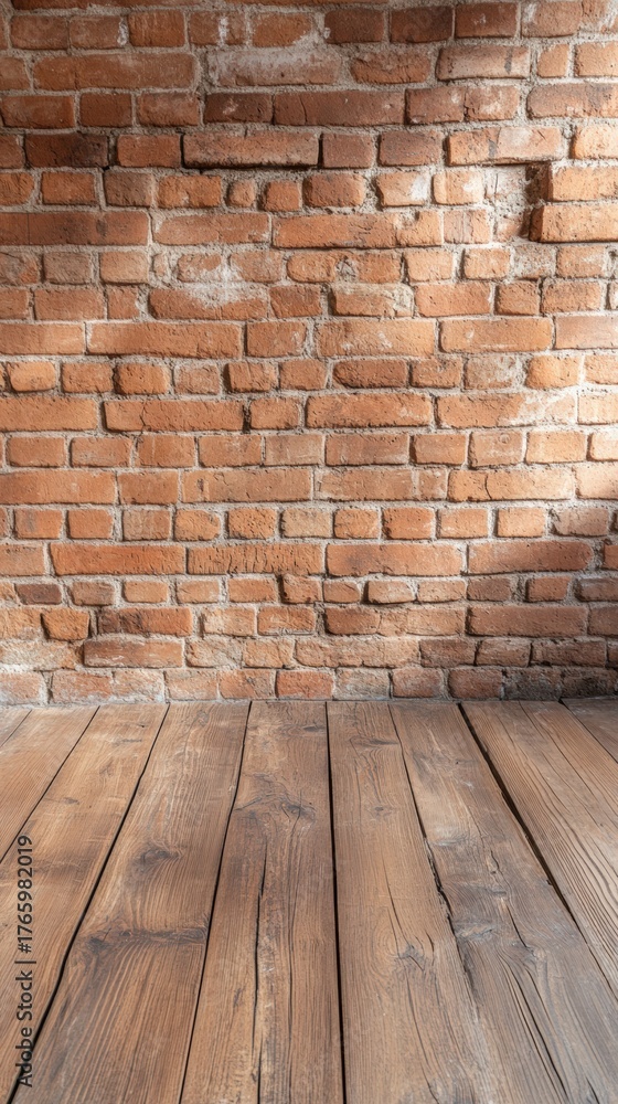 Fototapeta premium A rustic brick wall with wooden flooring creates a warm, inviting atmosphere, perfect for interior design presentations, photography backdrops, or showcasing lifestyle products,