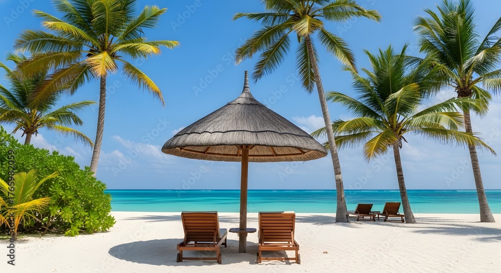 Obraz premium Idyllic beach scene with palm trees, sun umbrella, and lounge chairs on sand