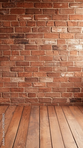 A rustic brick wall with warm tones pairs with a wooden floor, creating a cozy atmosphere great for interior design projects, photography backdrops, or home improvement inspiration,