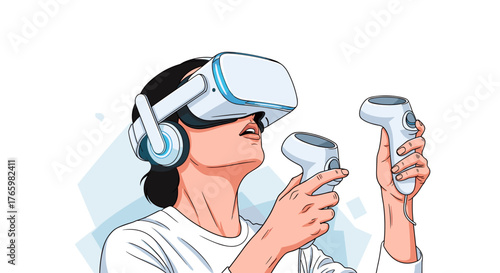 Woman experiencing virtual reality vr headset and controllers for immersive gaming and simulation tech